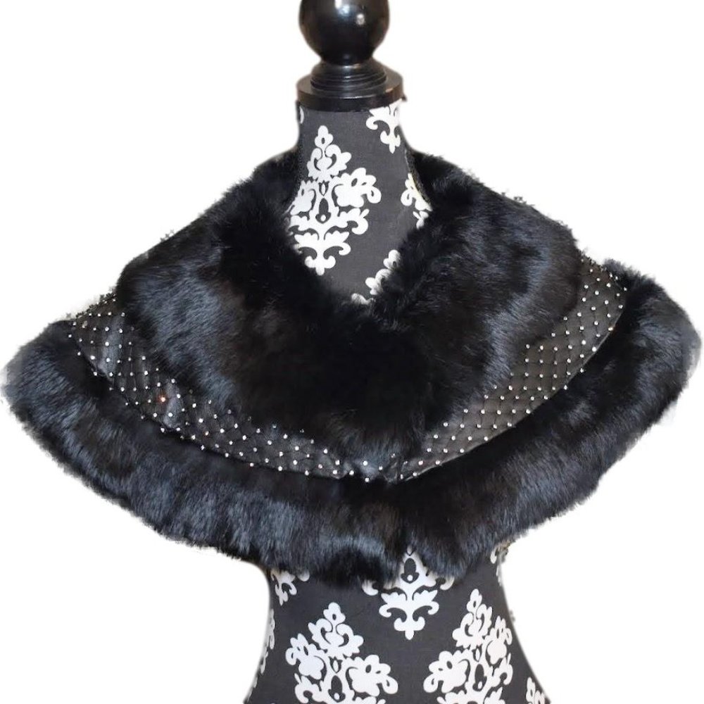 Beautiful Rabbit shrug wrap black rabbit fur, leather, and Rhinestones